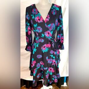 Tahari Black Colorful Floral Faux Wrap Belted Tiered Ruffle Dress, Size 6